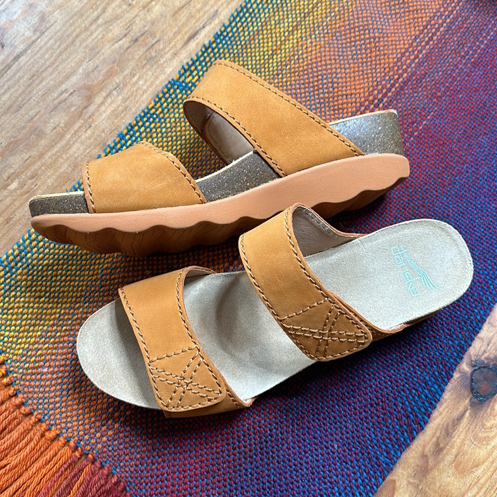 Dansko tan suede Velcro strap wedge sandals